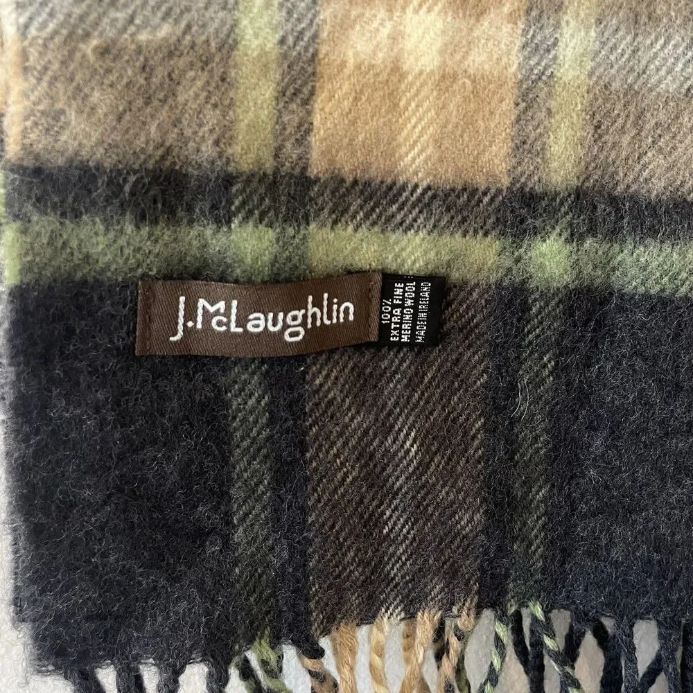 J McLaughlin Extra Fine Merino Wool Scarf Plaid Made In Ireland